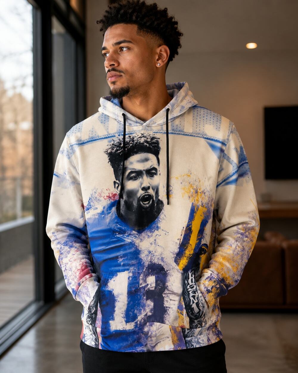 Men's Small Graphic Football Player Pullover Hoodie Blue White Streetwear sz s